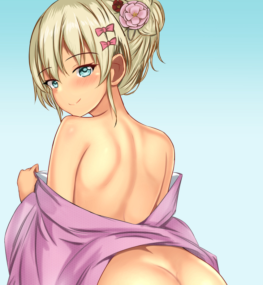 1girl ass back bare_shoulders blonde_hair blue_background blush bow flower gradient_background grecale_(kancolle) green_eyes hair_bow hair_bun hair_flower hair_ornament highres japanese_clothes kantai_collection kimono long_hair looking_back montemasa official_alternate_costume pink_kimono smile solo undressing