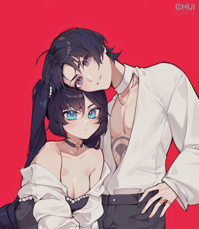 1boy 1girl absurdres alternate_costume bare_shoulders black_hair breasts chui_art cleavage collarbone genshin_impact head_on_head head_rest highres jewelry long_hair looking_at_viewer mona_(genshin_impact) multiple_rings open_clothes open_mouth open_shirt puffy_short_sleeves puffy_sleeves red_background ring scaramouche_(genshin_impact) short_hair short_sleeves simple_background small_breasts solo stomach_tattoo tattoo twintails