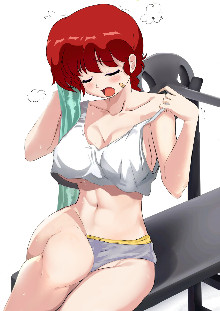 1girl absurdres adjusting_clothes bandaid bandaid_on_cheek bandaid_on_face barbell bench blush breasts closed_eyes crop_top duck_(samas_king) genderswap genderswap_(mtf) highres holding holding_towel navel open_mouth ponytail ranma-chan ranma_1/2 red_hair saotome_ranma shorts solo steaming_body sweat tank_top thighs towel weights white_background white_tank_top