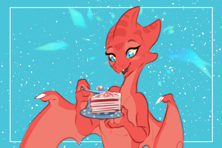 2022 ambiguous_gender blue_eyes blush cake dessert digital_media_(artwork) dragon eating food greeting_card hi_res membrane_(anatomy) membranous_wings open_mouth red_body scales scalie simple_background sketch smile solo toony wanderertamplior western_dragon wings