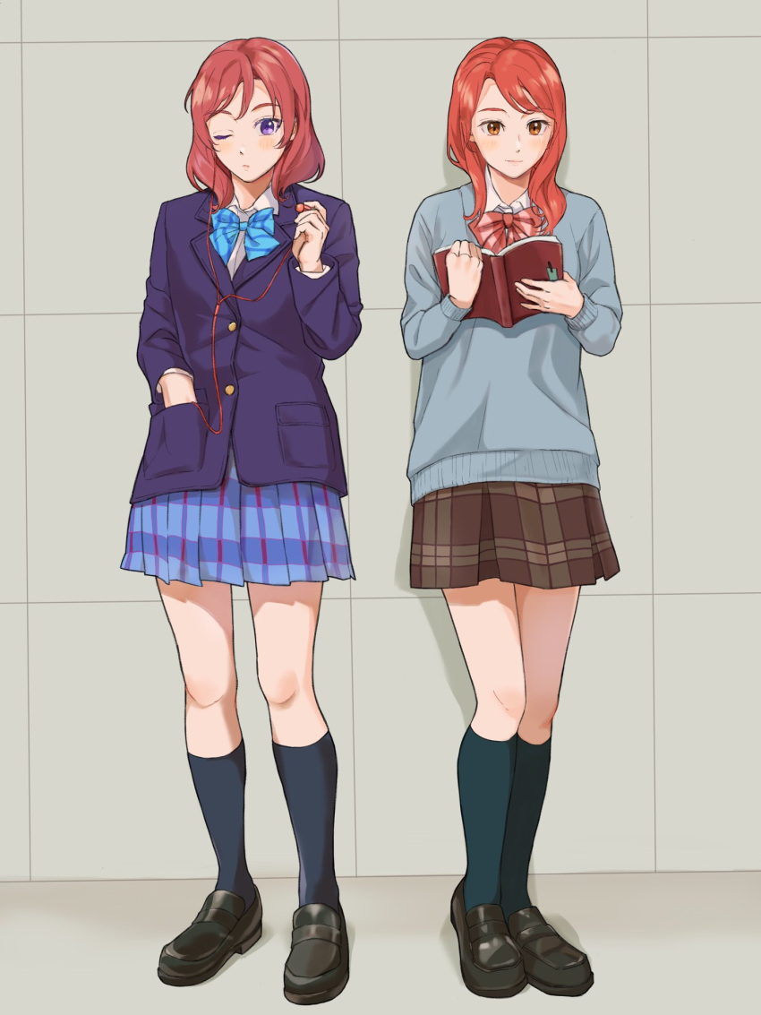 2girls alexandra_magritte black_footwear black_socks blazer blue_bow blue_bowtie blue_skirt blush book_the_star bow bowtie brown_skirt closed_mouth collared_shirt crossover full_body green_socks grey_sweater hand_in_pocket highres jacket kneehighs loafers long_sleeves love_live! love_live!_school_idol_project multiple_girls nishikino_maki one_eye_closed otonokizaka_school_uniform plaid plaid_skirt purple_eyes purple_jacket red_bow red_bowtie red_hair school_uniform shirt shoes short_hair skirt smile socks standing sweater tada-kun_wa_koi_wo_shinai white_shirt winter_uniform