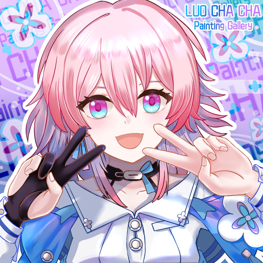 1girl archery_shooting_glove artist_name black_choker black_gloves blue_eyes buttons choker collarbone double_v dress_shirt earrings english_text flower_ornament gloves highres honkai:_star_rail honkai_(series) jewelry long_sleeves looking_at_viewer luochacha march_7th_(honkai:_star_rail) medium_hair open_mouth partially_fingerless_gloves pink_eyes pink_hair pinyin_text portrait shirt single_earring single_glove smile solo two-tone_eyes v white_shirt