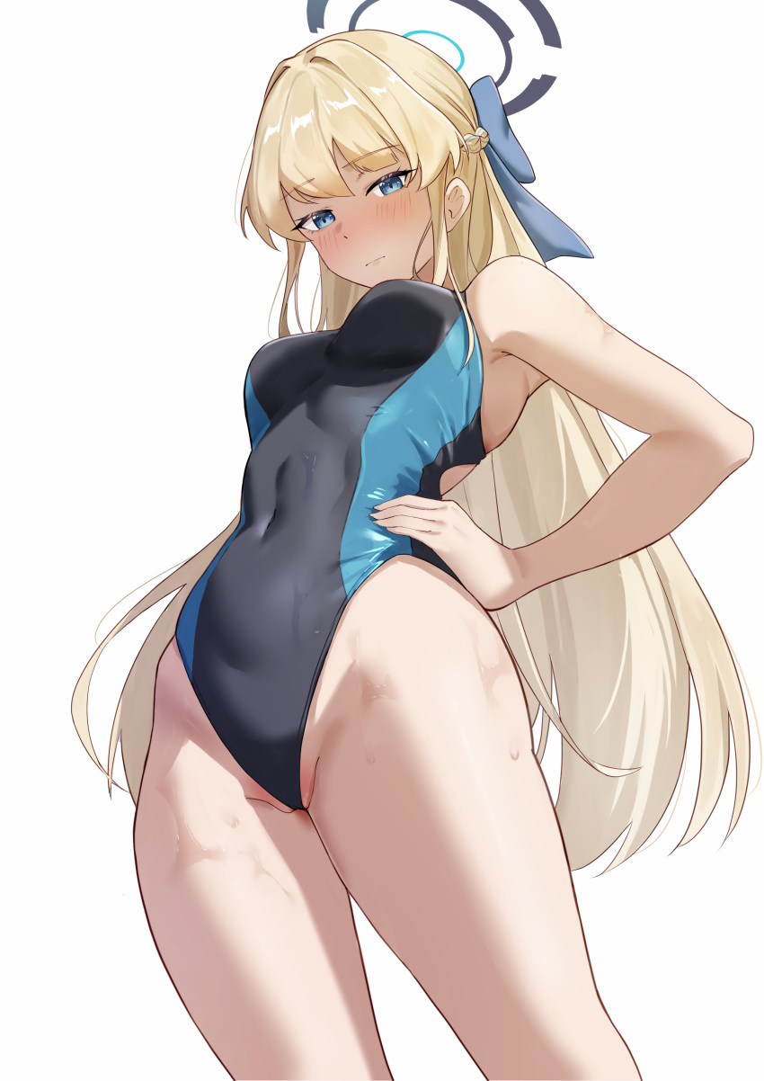 1girl absurdres aqua_one-piece_swimsuit black_one-piece_swimsuit blonde_hair blue_archive blue_bow blue_eyes bow breasts competition_swimsuit covered_navel from_below hair_bow halo highleg highleg_swimsuit highres long_hair looking_at_viewer medium_breasts one-piece_swimsuit simple_background solo standing swimsuit toki_(blue_archive) two-tone_one-piece_swimsuit very_long_hair white_background whitek