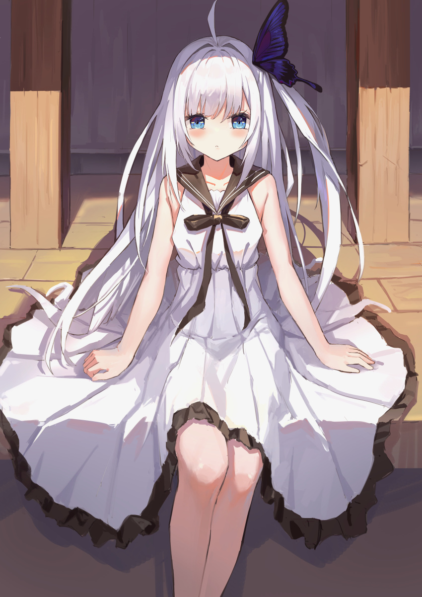 1girl absurdres ahoge arms_at_sides bare_arms black_ribbon black_sailor_collar blue_eyes blush butterfly_hair_ornament chinese_commentary commentary dress eyelashes feet_out_of_frame fengxue frilled_dress frills ginka hair_between_eyes hair_intakes hair_ornament highres long_hair looking_at_viewer one_side_up parted_lips ribbon sailor_collar sailor_dress shinomiya_ginka sitting sleeveless sleeveless_dress solo straight-on very_long_hair white_dress white_hair wooden_floor
