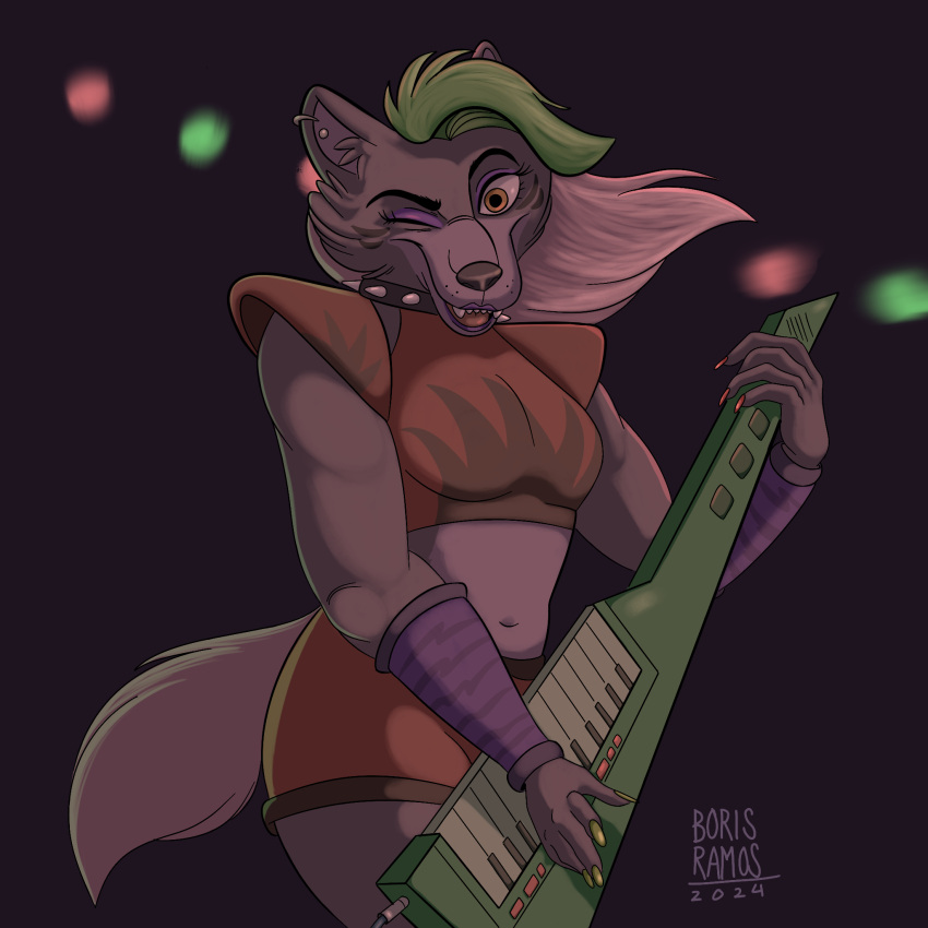 anthro borisramos canid canine canis concert female five_nights_at_freddy's five_nights_at_freddy's:_security_breach green_hair hair hi_res keyboard_instrument keytar looking_at_viewer mammal musical_instrument nails playing_music roxanne_wolf_(fnaf) scottgames simple_background solo steel_wool_studios wolf