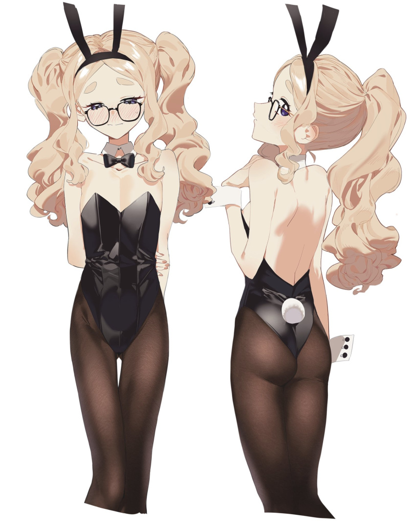 1girl 2l_(2lsize) animal_ears ass ass_visible_through_thighs backless_leotard bare_shoulders black_leotard black_pantyhose blonde_hair blue_eyes bow bowtie commentary_request detached_collar embarrassed fake_animal_ears fake_tail flat_chest glasses highres leotard lily_(2l) long_hair looking_at_viewer looking_back looking_down multiple_views original pantyhose playboy_bunny ponytail rabbit_ears rabbit_tail simple_background strapless strapless_leotard tail thick_eyebrows thigh_gap twintails wavy_hair white_background wrist_cuffs