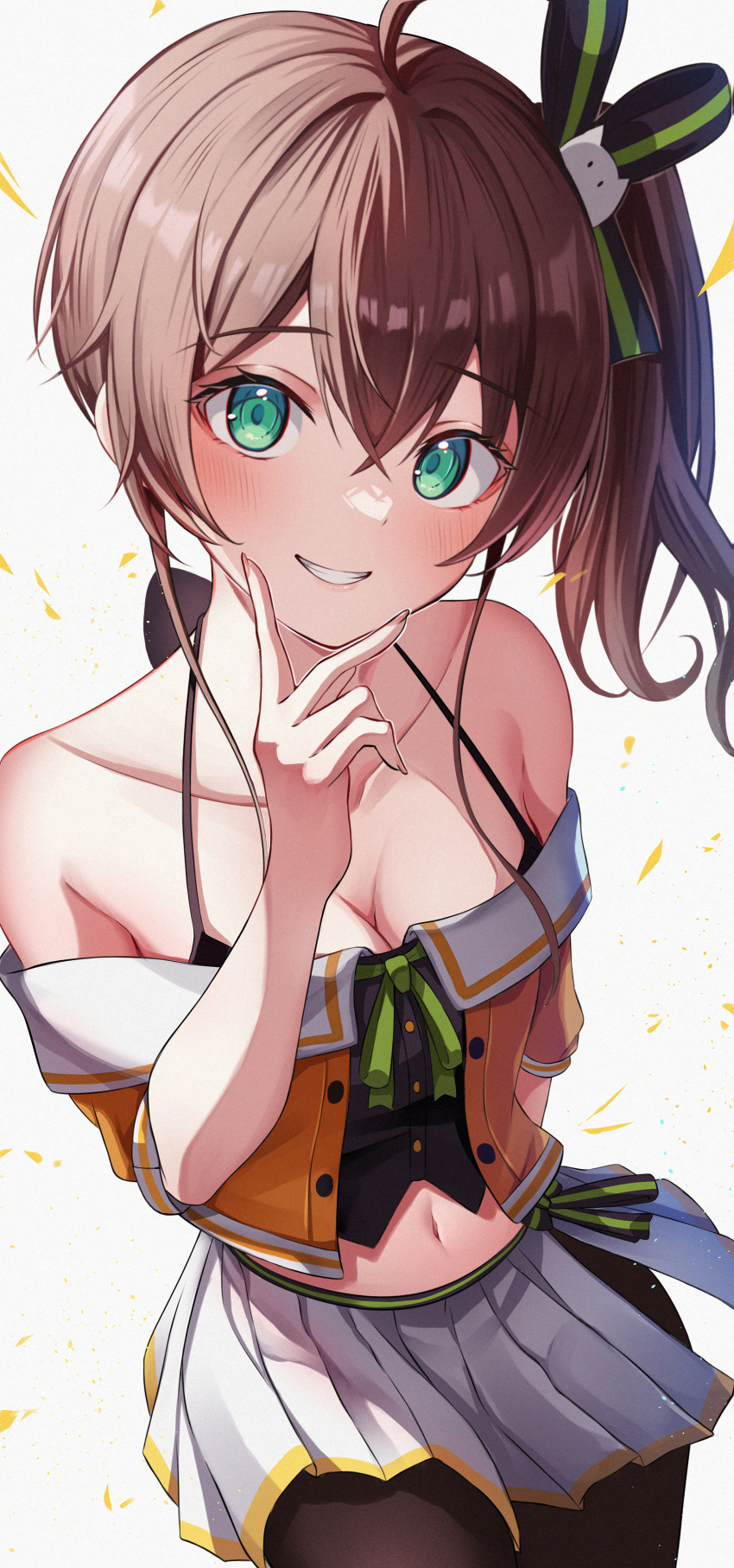 1girl :d absurdres arm_behind_back black_camisole breasts brown_hair camisole cat_hair_ornament chameleon_(chameleon0613) cleavage crop_top cropped_jacket green_ribbon grin hair_between_eyes hair_ornament hair_ribbon halterneck hand_up highres hololive jacket light_blush looking_at_viewer miniskirt natsuiro_matsuri navel off-shoulder_jacket off_shoulder orange_jacket pantyhose pinstripe_camisole pinstripe_pattern pleated_skirt ribbon shirt side_ponytail side_slit skirt sleeveless sleeveless_shirt smile solo spaghetti_strap striped teeth thighhighs v v_over_mouth virtual_youtuber white_background white_skirt