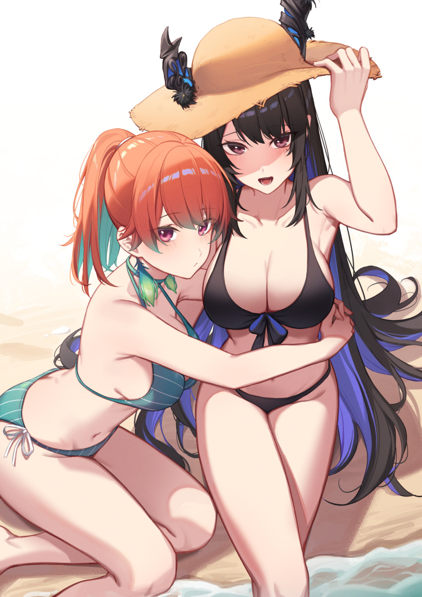 2girls absurdres alternate_hairstyle aqua_bikini aqua_hair arms_around_waist asymmetrical_horns beach bikini black_bikini black_hair blush breasts cleavage colored_inner_hair demon_horns erezu gradient_hair hair_up halterneck hat highres hololive hololive_english horns horns_through_headwear large_breasts long_hair looking_at_viewer mole mole_under_eye multicolored_hair multiple_girls navel nerissa_ravencroft official_alternate_costume orange_hair ponytail purple_eyes red_eyes sand side-tie_bikini_bottom smile straw_hat string_bikini swimsuit takanashi_kiara takanashi_kiara_(casual) two-tone_hair uneven_horns very_long_hair virtual_youtuber water