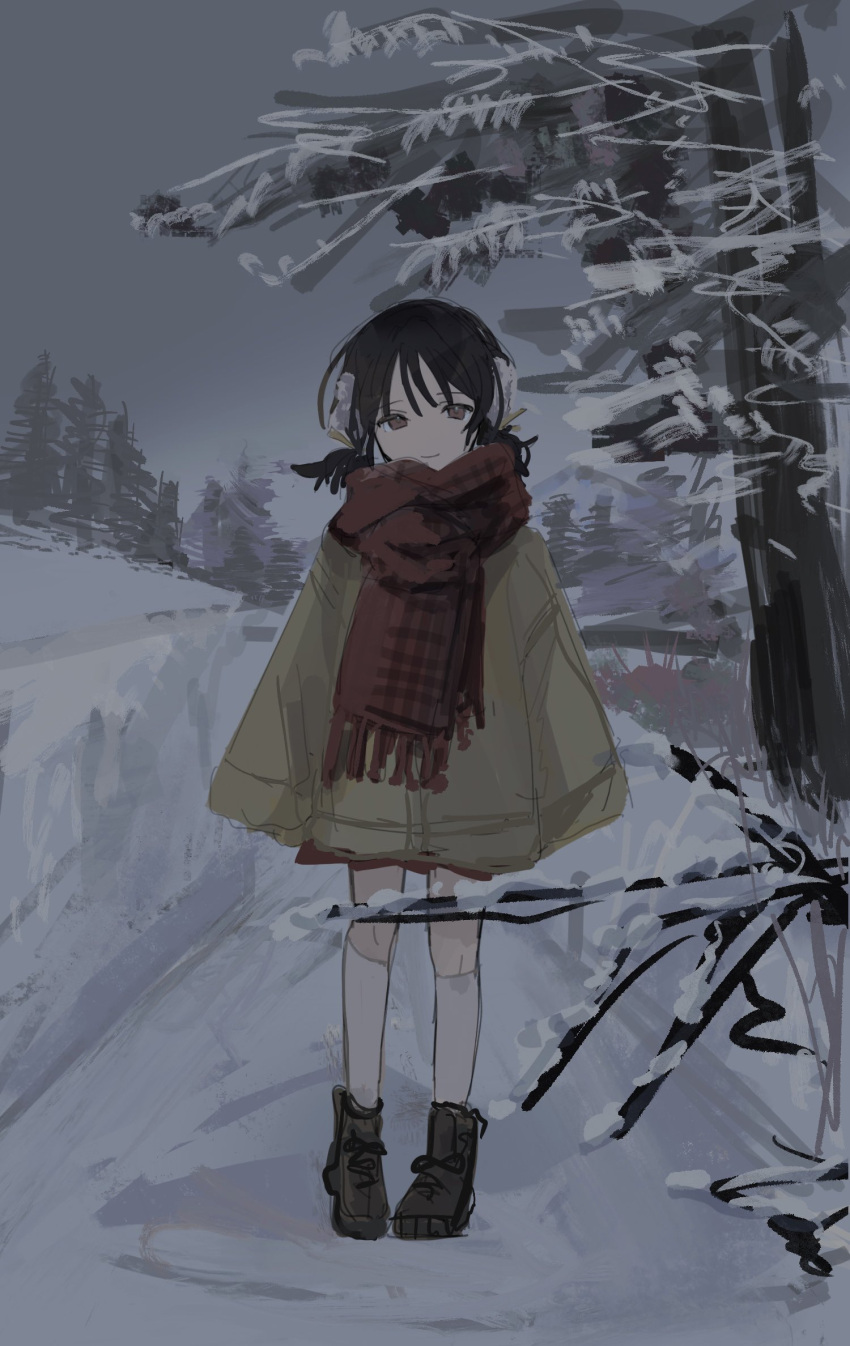 1girl alternate_costume arms_at_sides black_hair boots branch brown_coat brown_eyes brown_footwear closed_mouth coat commentary conifer earmuffs full_body gureru_(r_grey1204) half-closed_eyes head_tilt highres kaai_yuki kneehighs looking_at_viewer low_twintails nature outdoors overcast path red_scarf scarf short_twintails sky sleeves_past_fingers sleeves_past_wrists smile snow snow_on_tree socks solo standing tree twintails vocaloid white_socks winter