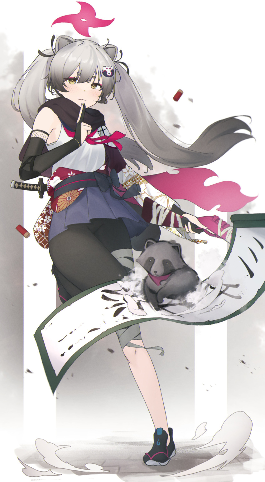 1girl animal_ears bandaged_leg bandages bare_shoulders black_footwear black_gloves black_hair black_shorts blue_archive blue_skirt brown_eyes ciza_gomi closed_mouth commentary_request dust floating_hair gloves gradient_hair grey_hair gun halo hand_up highres holding holding_gun holding_weapon kuji-in long_hair looking_at_viewer mask mask_on_head michiru_(blue_archive) multicolored_hair partially_fingerless_gloves pleated_skirt scroll shirt shoes short_eyebrows shorts shotgun_shell skirt sleeveless sleeveless_shirt solo tail thick_eyebrows twintails very_long_hair weapon white_shirt