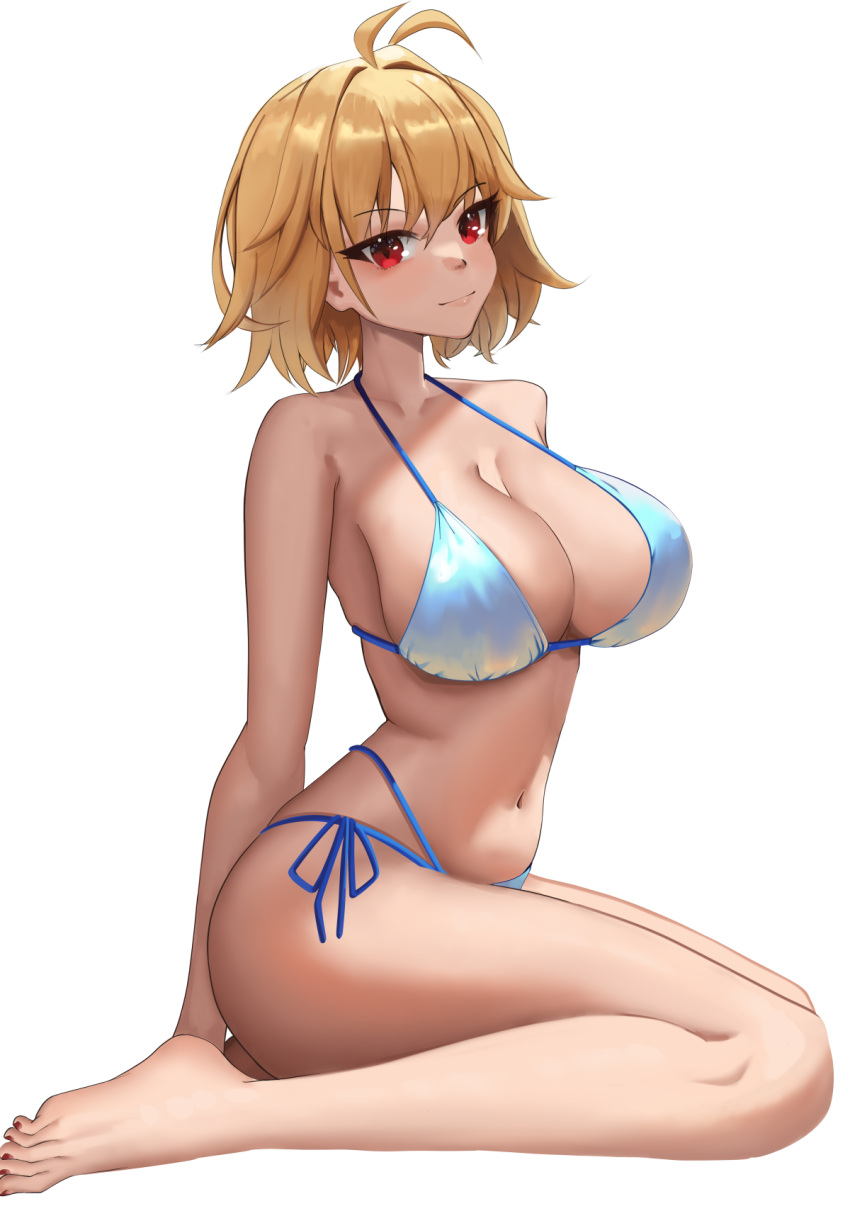 antenna_hair arcueid_brunestud barefoot bikini blonde_hair blue_bikini breasts cleavage feet full_body hair_intakes highres large_breasts legs nail_polish navel phaethonvt red_eyes smile solo swimsuit toenail_polish toenails toes tsukihime white_background