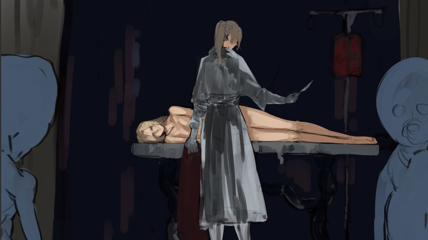 2girls arianna_(bloodborne) bangs bloodborne breasts character_request closed_mouth coat completely_nude feet_out_of_frame from_behind gloves grey_coat holding holding_clothes holding_coat holding_knife indoors iosefka knife large_breasts long_sleeves lying multiple_girls nude on_side ponytail standing yourfreakyneighbourh