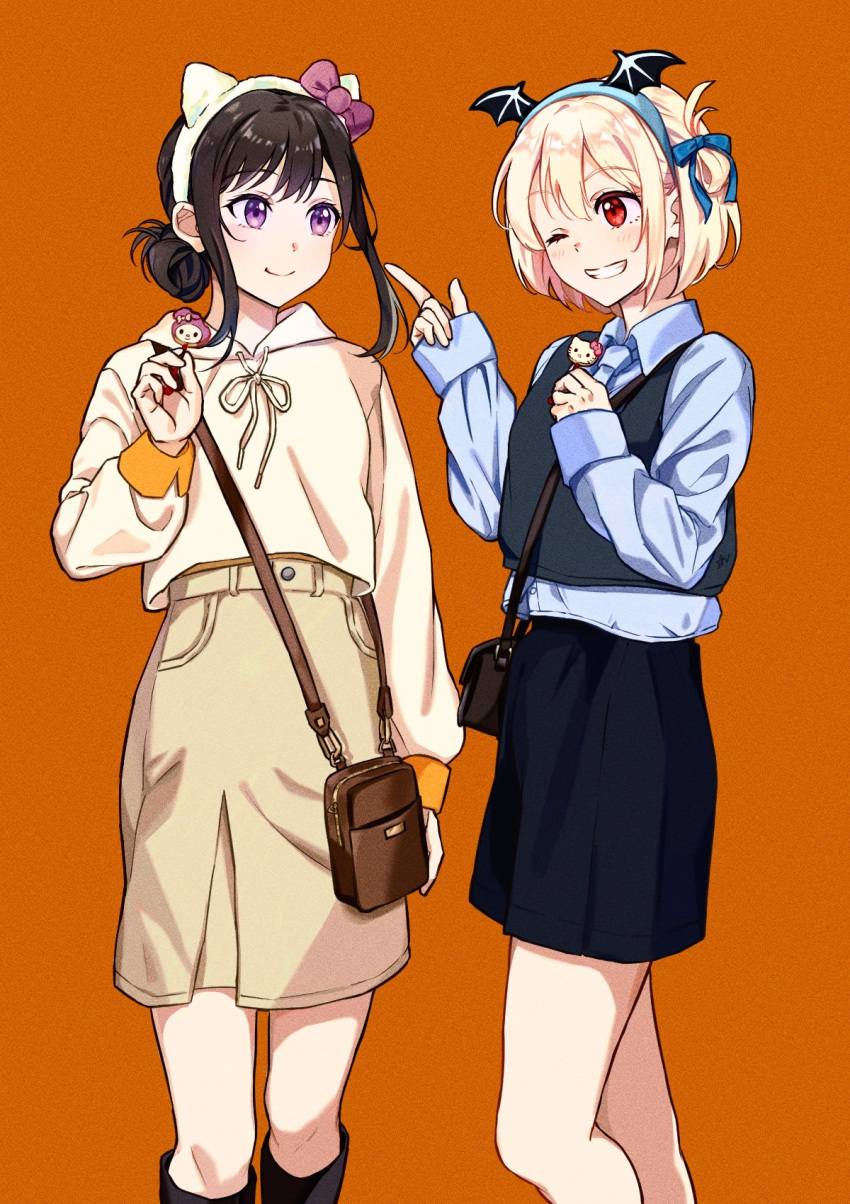 2girls animal_ears bag belt black_hair black_skirt black_vest blonde_hair blue_hairband blue_necktie blue_ribbon blue_shirt book_the_star bow bow_hairband brown_belt brown_skirt cat_ear_hairband closed_mouth fake_animal_ears grin hair_bun hair_ribbon hairband handbag hello_kitty hello_kitty_(character) highres hood hoodie inoue_takina long_sleeves looking_at_another lycoris_recoil multiple_girls necktie nishikigi_chisato one_eye_closed orange_background purple_bow purple_eyes red_eyes ribbon sanrio shirt short_hair simple_background single_hair_bun skirt smile standing teeth vest white_hoodie