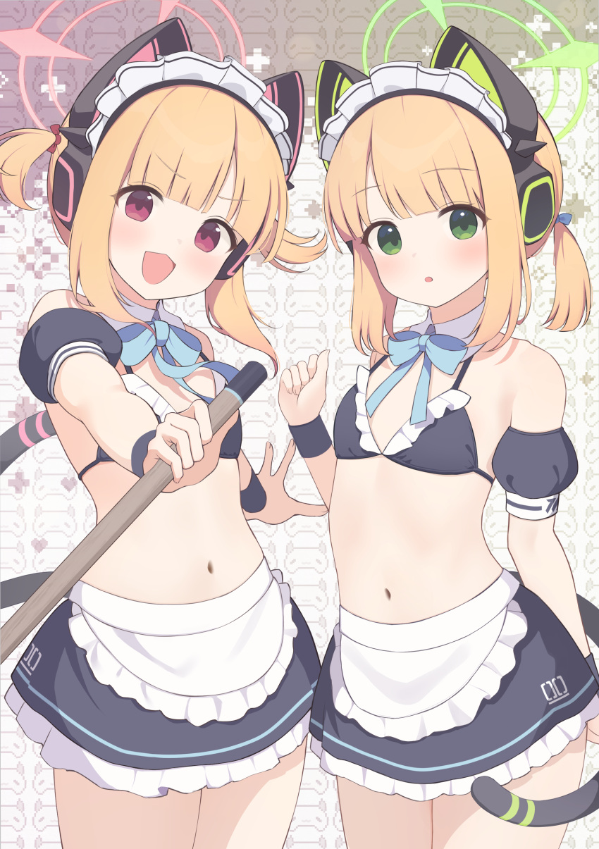 2girls :d :o absurdres adapted_costume animal_ear_headphones animal_ears apron bikini black_bikini black_skirt black_wristband blonde_hair blue_archive blue_bow blue_bowtie blunt_bangs blush bow bowtie cat_ears cat_tail commentary_request cowboy_shot detached_collar fake_animal_ears flat_chest halo hazuki_lime headphones highres holding holding_staff looking_at_viewer maid maid_apron maid_bikini midori_(blue_archive) midori_(maid)_(blue_archive) miniskirt momoi_(blue_archive) momoi_(maid)_(blue_archive) multicolored_background multiple_girls navel official_alternate_costume official_alternate_hairstyle open_mouth parted_bangs short_ponytail short_twintails siblings sisters skirt smile staff stomach swimsuit tail twins twintails unconventional_maid waist_apron white_apron