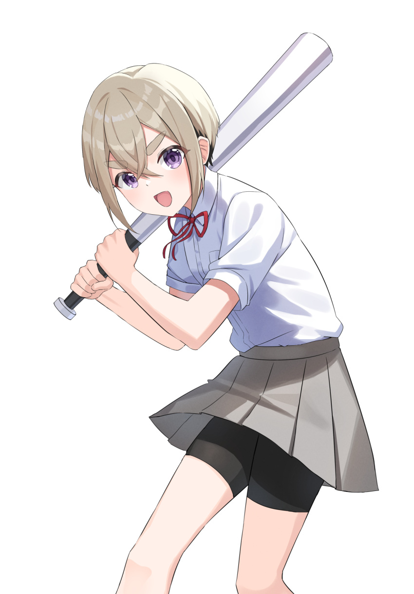 1girl baseball_bat grey_skirt highres kimi_no_koto_ga_dai_dai_dai_dai_daisuki_na_100-nin_no_kanojo looking_at_viewer open_mouth pleated_skirt purple_eyes school_uniform short_hair skirt solo sutou_iku v-shaped_eyebrows vakuuberi white_background