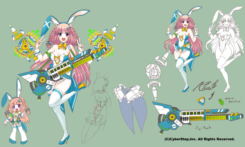 aletta_arpeggio aletta_arpeggio_bny animal_ears bare_shoulders blush bow braid breasts concept_art cosmic_break detached_collar electric_guitar fake_animal_ears frills guitar high_heels highres hijirinn2 instrument large_breasts leggings leotard long_hair official_art open_mouth over-kneehighs piano pink_hair playboy_bunny purple_eyes rabbit_ears smile standing standing_on_one_leg teeth thighhighs twin_braids upper_teeth_only v very_long_hair