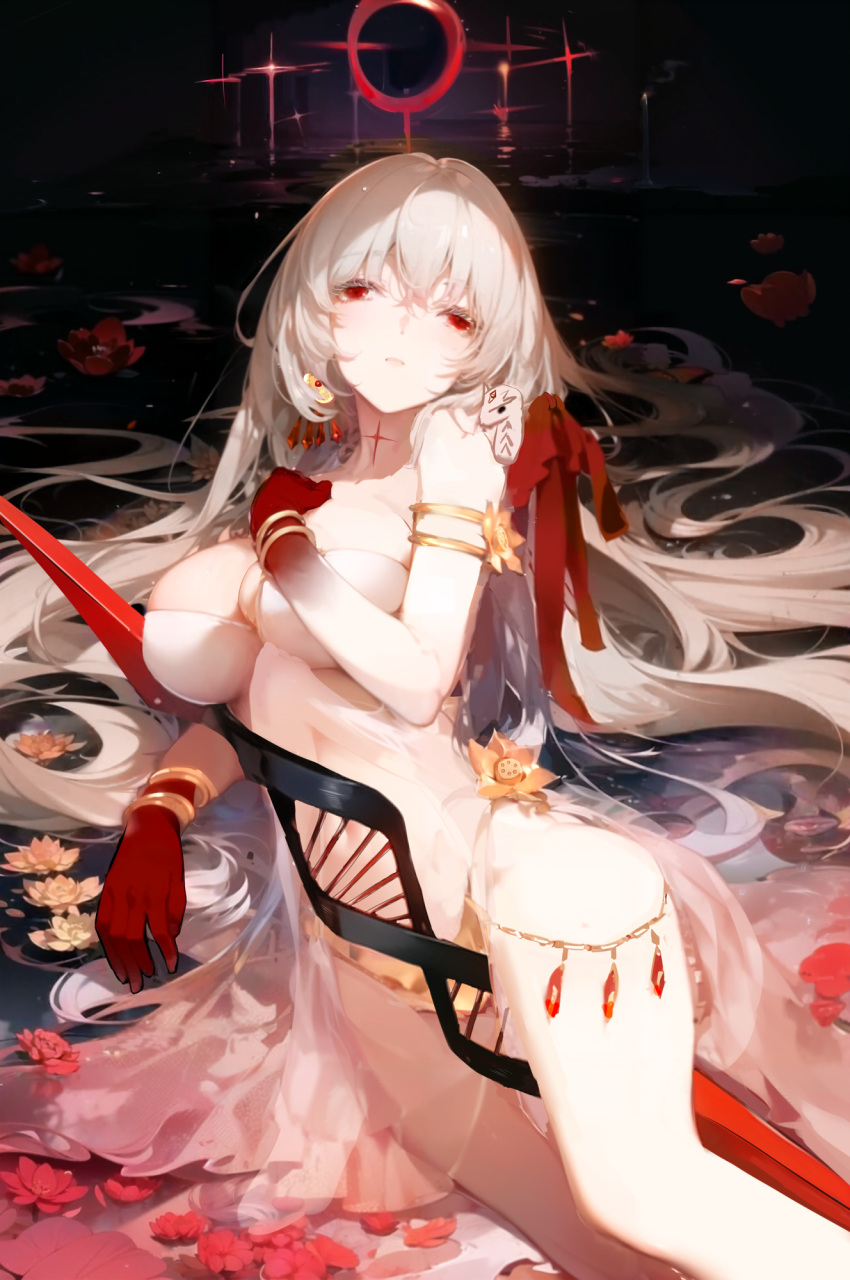 1girl armlet bare_shoulders body_markings bracelet breasts cleavage colored_skin durga_(fate) earrings fate/grand_order fate_(series) flower fs_(sdamsd21321) gradient_skin grey_hair hair_ribbon highres jewelry large_breasts long_hair looking_at_viewer lying pelvic_curtain polearm red_eyes red_flower red_skin revealing_clothes ribbon solo spear thighs very_long_hair weapon