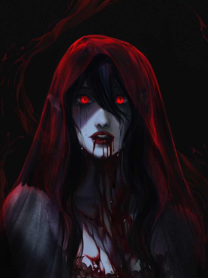 1girl absurdres black_hair blood blood_from_mouth glowing glowing_eyes highres long_hair looking_at_viewer original pale_skin raviollies red_eyes red_lips solo vampire veil