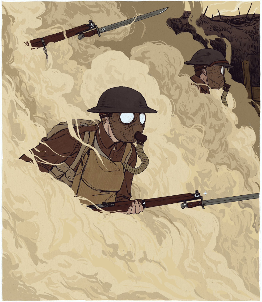 2boys bayonet black_headwear bolt_action british_army brodie_helmet brown_hair brown_jacket combat_helmet gas gas_mask gun helmet highres jacket kamuytime lee-enfield mask multiple_boys original rifle smoke trench weapon world_war_i