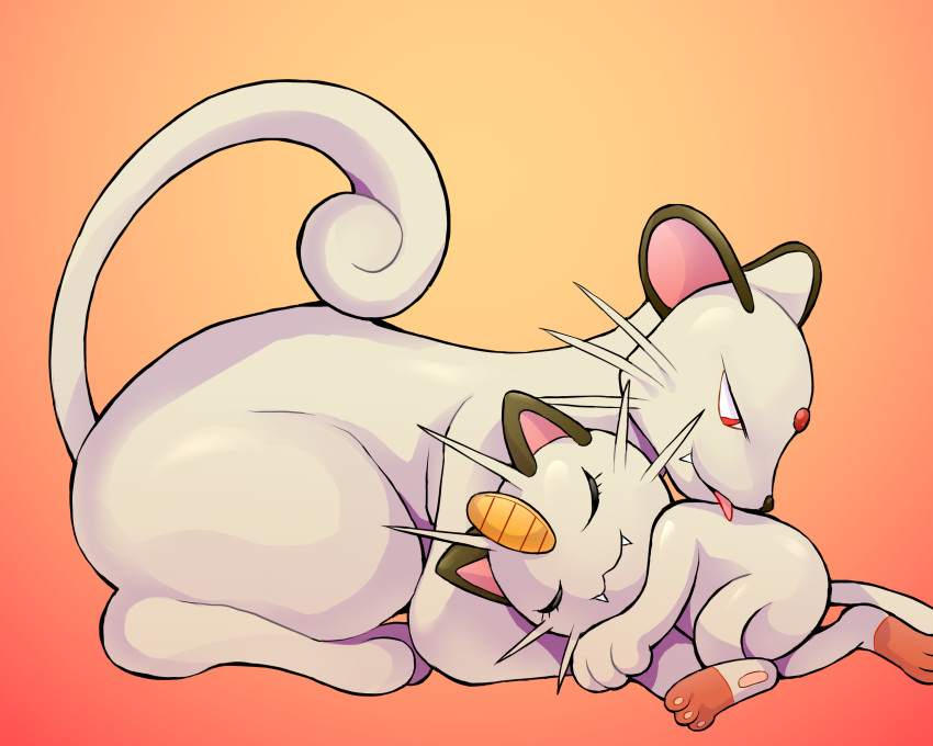 cat commentary_request gradient_background highres licking_another lying meowth no_humans on_side orange_background persian pokemon pokemon_(creature) rakkokun_tondoru red_eyes sleeping