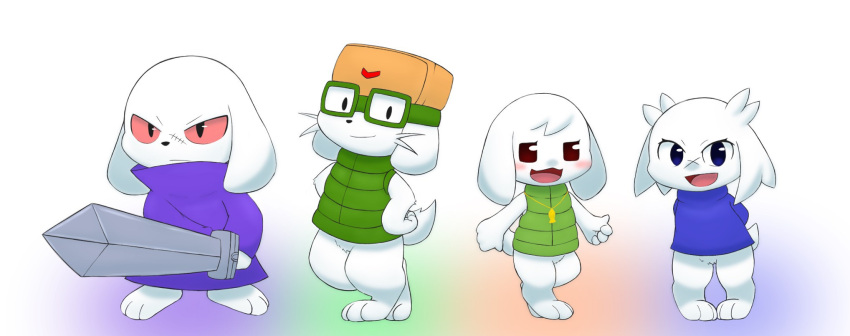 2023 anthro black_eyes blush cave_story clothing digital_drawing_(artwork) digital_media_(artwork) digital_painting_(artwork) female fur green_clothing group hi_res jack_(cave_story) king_(cave_story) lagomorph looking_at_viewer male mammal melee_weapon mimiga open_mouth purple_clothing red_eyes res roshu39 smile sue_sakamoto sword toroko weapon white_body white_fur