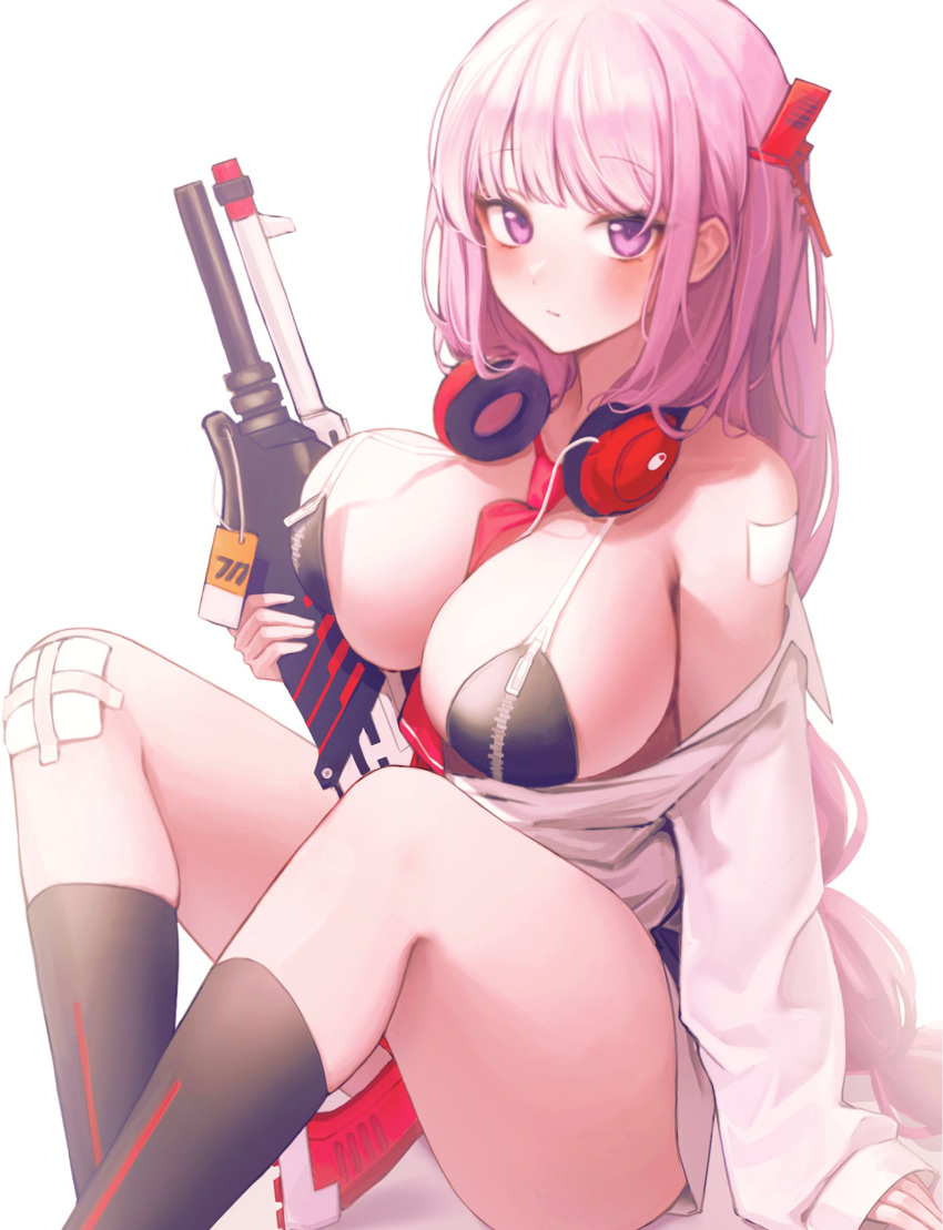 1girl armpit_crease bandaid bandaid_on_arm barcode bare_shoulders between_breasts bikini black_bikini black_socks blue_archive blush breast_zipper breasts closed_mouth collarbone eimi_(blue_archive) expressionless gun hair_ornament headphones headphones_around_neck highres holding holding_weapon huge_breasts long_hair long_sleeves looking_at_viewer necktie necktie_between_breasts oni0417 patch pink_eyes pink_hair raised_eyebrows red_necktie rifle shirt simple_background sitting sleeves_past_wrists socks solo swimsuit thighs weapon white_background white_shirt zipper_bikini zipper_pull_tab