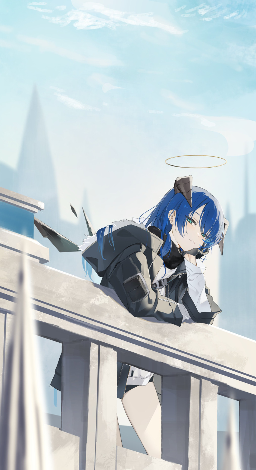 1girl absurdres against_railing arknights black_gloves black_jacket black_scarf black_shorts black_wings blue_eyes blue_hair demon_horns detached_wings energy_wings feet_out_of_frame flower fur-trimmed_hood fur_trim gloves hair_flower hair_ornament halo head_rest highres hood hood_down hooded_jacket horns jacket layered_sleeves leaning long_sleeves looking_at_viewer mostima_(arknights) open_clothes open_jacket outdoors parted_lips railing scarf shorts smile solo standing steeple wings yuuki_uyu