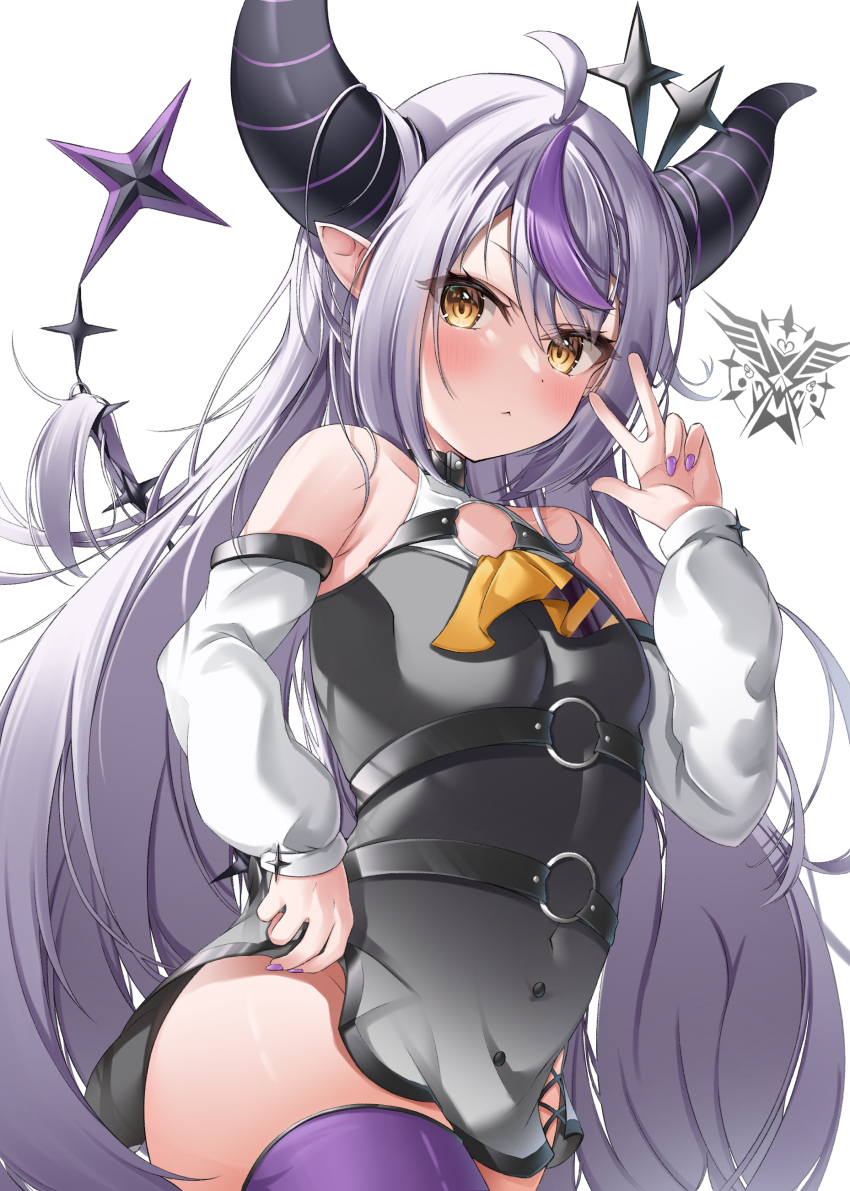 1girl :&lt; absurdres ahoge ascot bangs bare_shoulders black_collar black_dress blush braid closed_mouth collar commentary_request cowboy_shot demon_girl demon_horns detached_sleeves dress eyes_visible_through_hair grey_hair hair_between_eyes hand_up highres hololive horns la+_darknesss long_hair long_sleeves looking_at_viewer multicolored_hair nail_polish nekoya_minamo o-ring pointy_ears purple_hair purple_nails purple_thighhighs short_dress side_slit sidelocks solo streaked_hair striped_horns thighhighs very_long_hair virtual_youtuber w yellow_ascot yellow_eyes