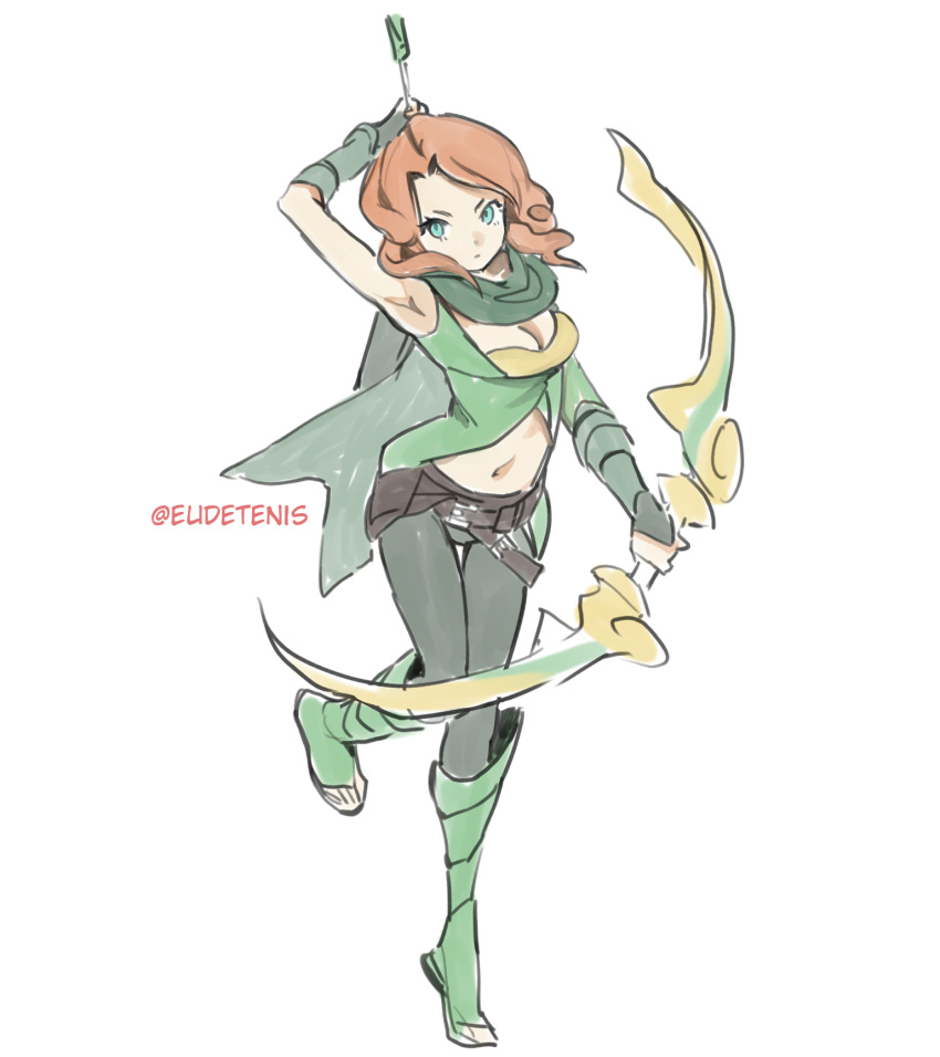 1girl arm_guards armpits arms_behind_head arrow_(projectile) artist_name boots bow_(weapon) breasts cleavage cleavage_cutout clip_studio_paint_(medium) closed_mouth clothing_cutout dota_(series) dota_2 eudetenis full_body green_eyes green_footwear green_pants green_scarf green_shirt highres holding holding_arrow holding_bow_(weapon) holding_weapon long_hair looking_at_viewer navel orange_hair pants quiver scarf shirt simple_background solo standing standing_on_one_leg stomach stomach_cutout twitter_username weapon white_background windranger_(dota)