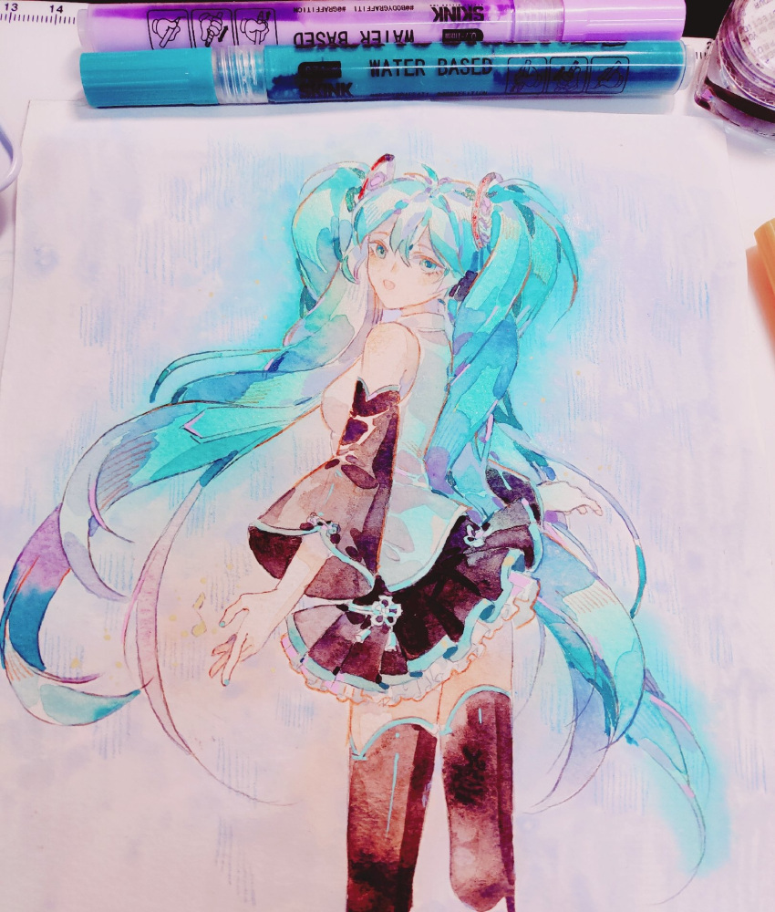 1girl art_tools_in_frame bare_shoulders black_skirt black_sleeves black_thighhighs blue_eyes blue_nails collared_shirt detached_sleeves eyelashes feet_out_of_frame frilled_skirt frills hair_ornament hatsune_miku highres long_hair long_sleeves looking_at_viewer marker_(medium) miniskirt nail_polish open_mouth photo_(medium) pleated_skirt shirt skirt sleeveless sleeveless_shirt smile solo thighhighs traditional_media twintails very_long_hair vocaloid white_shirt wide_sleeves yanmian_(printemps-noir)