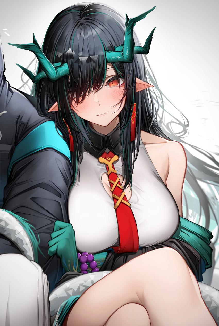 1girl 1other absurdres ambiguous_gender arknights arm_under_breasts armpit_crease bare_shoulders bead_bracelet beads black_hair black_hood black_jacket blush bracelet breast_press breasts china_dress chinese_clothes cleavage cleavage_cutout closed_mouth clothes_grab clothing_cutout collarbone collared_dress colored_skin commentary_request covered_collarbone crossed_legs doctor_(arknights) dragon_girl dragon_horns dragon_tail dress dusk_(arknights) earrings embarrassed eyelashes feet_out_of_frame flying_sweatdrops gradient_background green_hair green_horns green_skin grey_background hair_flowing_over hair_ornament hair_over_one_eye high_collar highres hood hood_up hooded_jacket horns jacket jacket_grab jewelry knees large_breasts leaning leaning_on_person light_smile lips long_bangs long_hair long_shirt long_sleeves long_tail looking_at_viewer multicolored_hair multicolored_skin multiple_horns necktie open_clothes open_jacket orange_eyes parted_bangs pointy_ears red_necktie shadow shirt sidelocks sitting sleeve_grab sleeveless sleeveless_dress solo_focus straight_hair streaked_hair tab_head tail tail_wrap tassel tassel_earrings thighs triangle_hair_ornament two-tone_hair unworn_jacket white_dress white_shirt white_tail wing_collar