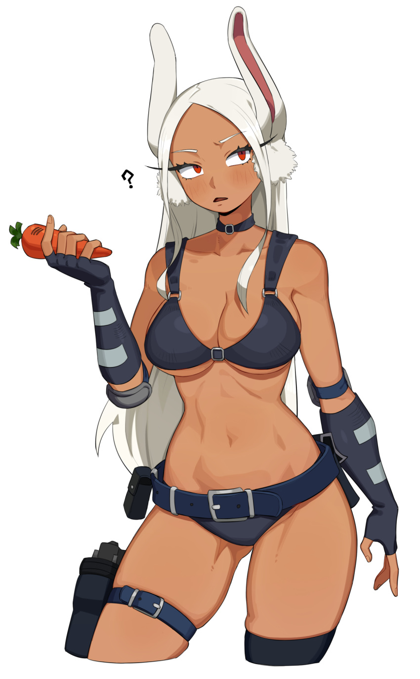1girl ? animal_ears belt belt_pouch bikini black_bikini black_collar black_gloves blush boku_no_hero_academia breasts carrot cleavage collar collarbone contrapposto cropped_legs dark-skinned_female dark_skin fingerless_gloves flowers-imh gloves gun handgun highres holding holding_carrot holster large_breasts long_eyelashes long_hair looking_up mirko navel o-ring parted_bangs parted_lips pouch rabbit_ears rabbit_girl red_eyes skindentation solo stomach swimsuit thigh_belt thigh_holster thigh_strap thighs toned very_long_hair weapon white_background white_hair