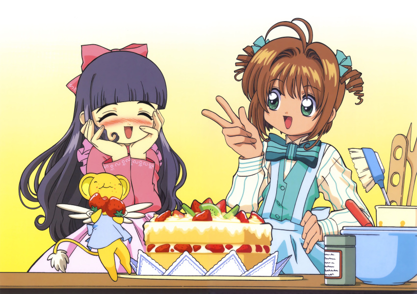 2girls absurdres blush bow brown_hair cake cardcaptor_sakura child closed_eyes daidouji_tomoyo food fruit green_eyes hair_bow happy highres kero kinomoto_sakura kiwi_(fruit) kiwi_slice multiple_girls official_art open_mouth pink_bow short_hair strawberry