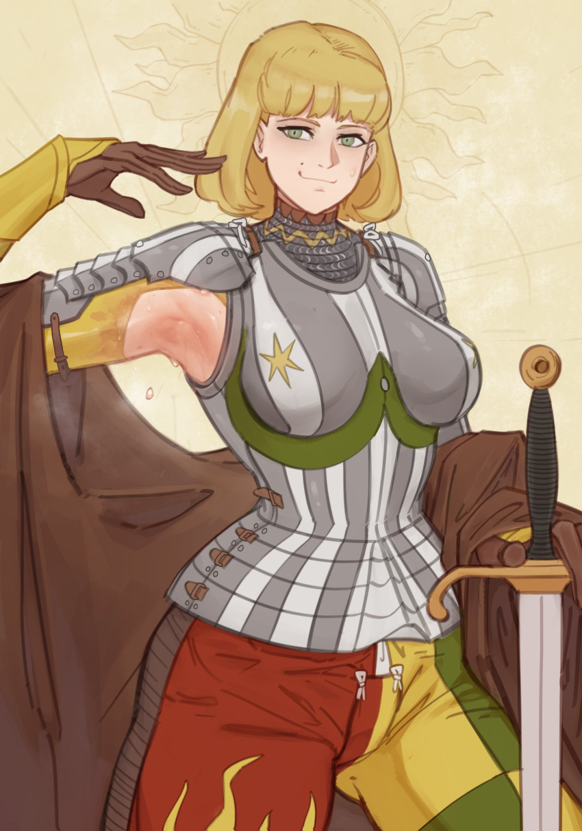 1girl absurdres armpits blonde_hair borrowed_character brown_gloves cowboy_shot gloves green_pants hand_up highres knight looking_at_viewer mole mole_above_mouth original pants red_pants short_hair shoulder_plates smile solo sorapoi sweat sword weapon yellow_pants