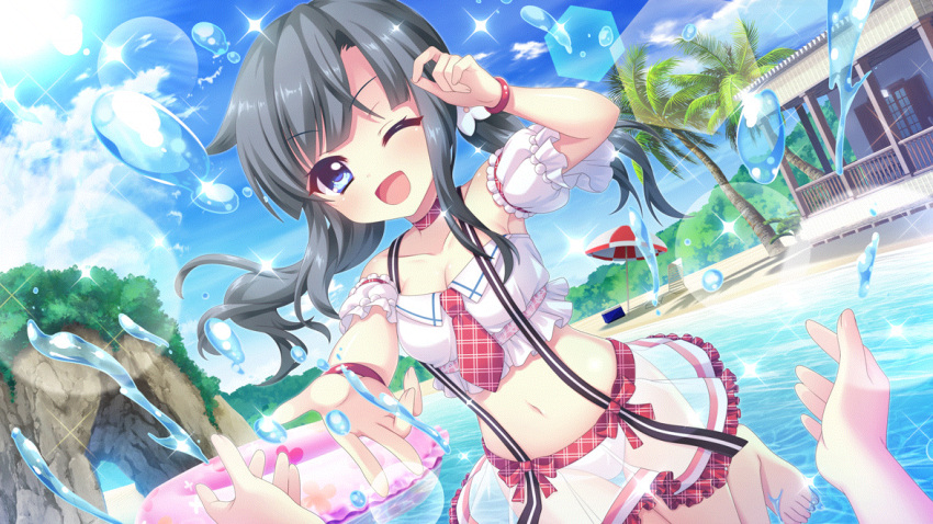 2girls ;d bare_shoulders beach beach_umbrella bikini black_hair blue_eyes blue_sky bracelet breasts building cleavage cloud collarbone cooler crop_top day detached_sleeves dot_nose dutch_angle film_grain flower game_cg hair_flower hair_ornament hand_up heart heart_print itsumura_haruka itsumura_yukari izumi_tsubasu jewelry lens_flare looking_at_viewer medium_breasts multiple_girls navel necktie non-circular_lens_flare non-web_source ocean official_art one_eye_closed open_mouth outdoors palm_tree pink_innertube plaid_necktie pov pov_hands re:stage! recliner red_bracelet red_necktie see-through see-through_skirt skirt sky smile solo_focus sparkle splashing standing standing_on_one_leg sun suspender_skirt suspenders swimsuit tree twintails umbrella wading white_bikini white_flower