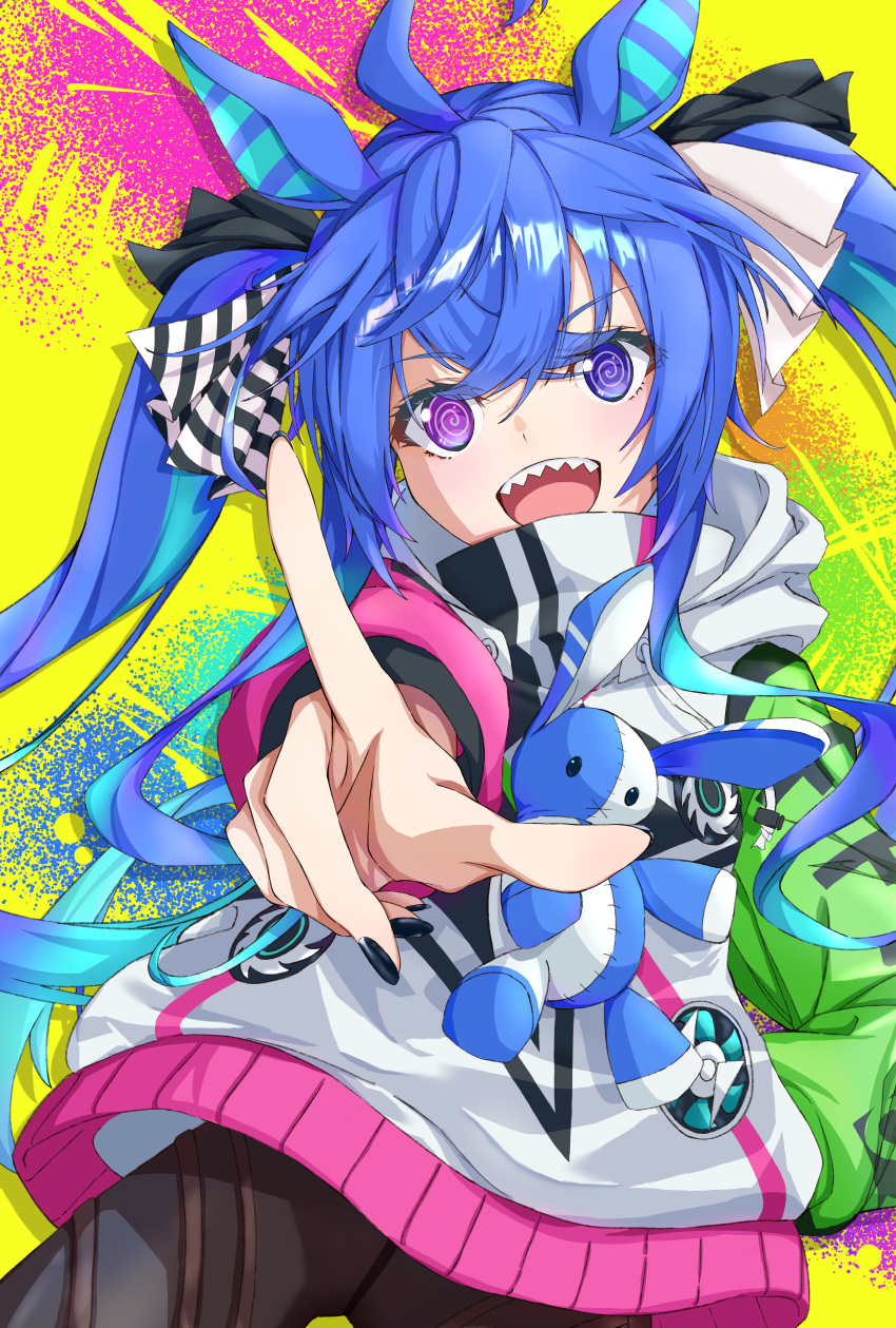 1girl :d @_@ absurdres ahoge animal_ears aqua_hair black_leggings black_nails blue_eyes blue_hair bow commentary cowboy_shot crossed_bangs drawstring hair_bow hand_on_own_hip heterochromia highres hood hoodie horse_ears horse_girl index_finger_raised leggings long_hair long_sleeves looking_at_viewer multicolored_background multicolored_clothes multicolored_hair multicolored_hoodie nail_polish open_mouth outstretched_arm purple_eyes sharp_teeth sidelocks smile solo striped striped_bow stuffed_animal stuffed_rabbit stuffed_toy teeth twin_turbo_(umamusume) twintails two-tone_hair umamusume upper_teeth_only vic_1223 yellow_background