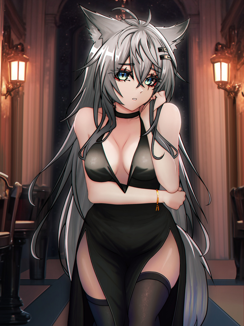 1girl absurd_fox absurdres alternate_costume animal_ears arknights black_dress blue_eyes breasts dress grey_hair hair_between_eyes highres lappland_(arknights) large_breasts long_hair looking_at_viewer solo standing tail wolf_ears wolf_girl wolf_tail