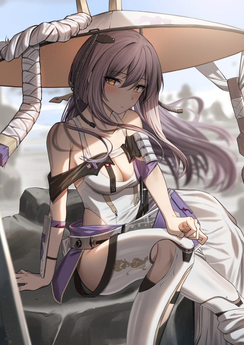 1girl absurdres arm_guards arm_support armor belt blurry blurry_background blush breasts cleavage closed_mouth commentary day expressionless feet_out_of_frame goddess_of_victory:_nikke grey_belt grey_hair hair_between_eyes hat highres jingasa kuro_imu leotard long_hair looking_at_viewer medium_breasts outdoors rock rope scarlet_(nikke) sitting solo thighhighs white_leotard white_thighhighs wind wrist_guards yellow_eyes