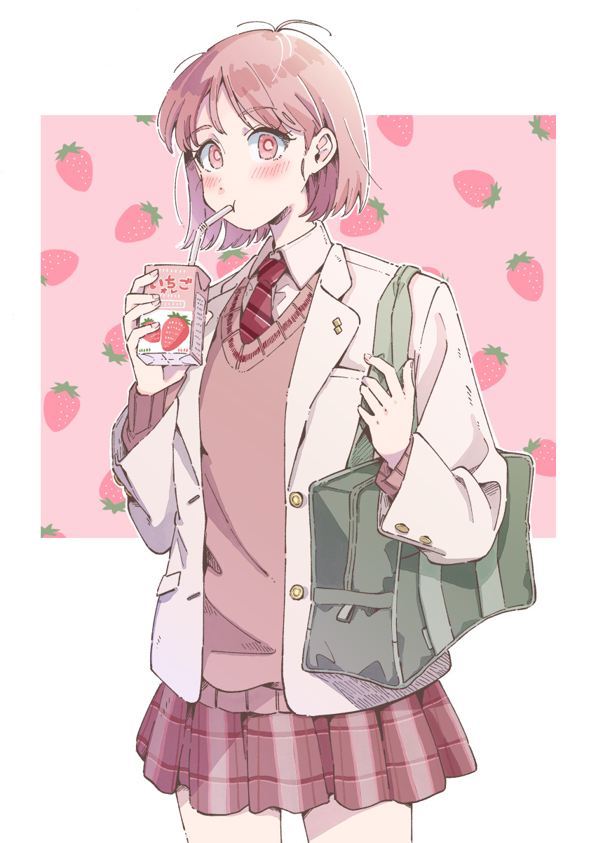 1girl absurdres bag bangs blazer blush bright_pupils buttons cardigan collared_shirt cowboy_shot diagonal-striped_necktie drink drinking drinking_straw drinking_straw_in_mouth food-themed_background fruit_background grey_bag highres holding holding_drink jacket lapels long_sleeves looking_to_the_side maria_komaki milk_carton mouth_hold necktie notched_lapels open_clothes open_jacket original parted_bangs pink_background pink_cardigan pink_eyes pink_hair pink_skirt pink_theme pleated_skirt red_necktie school_bag school_uniform shirt short_hair skirt solo strawberry_background strawberry_milk two-tone_background unbuttoned unbuttoned_jacket white_background white_jacket white_shirt