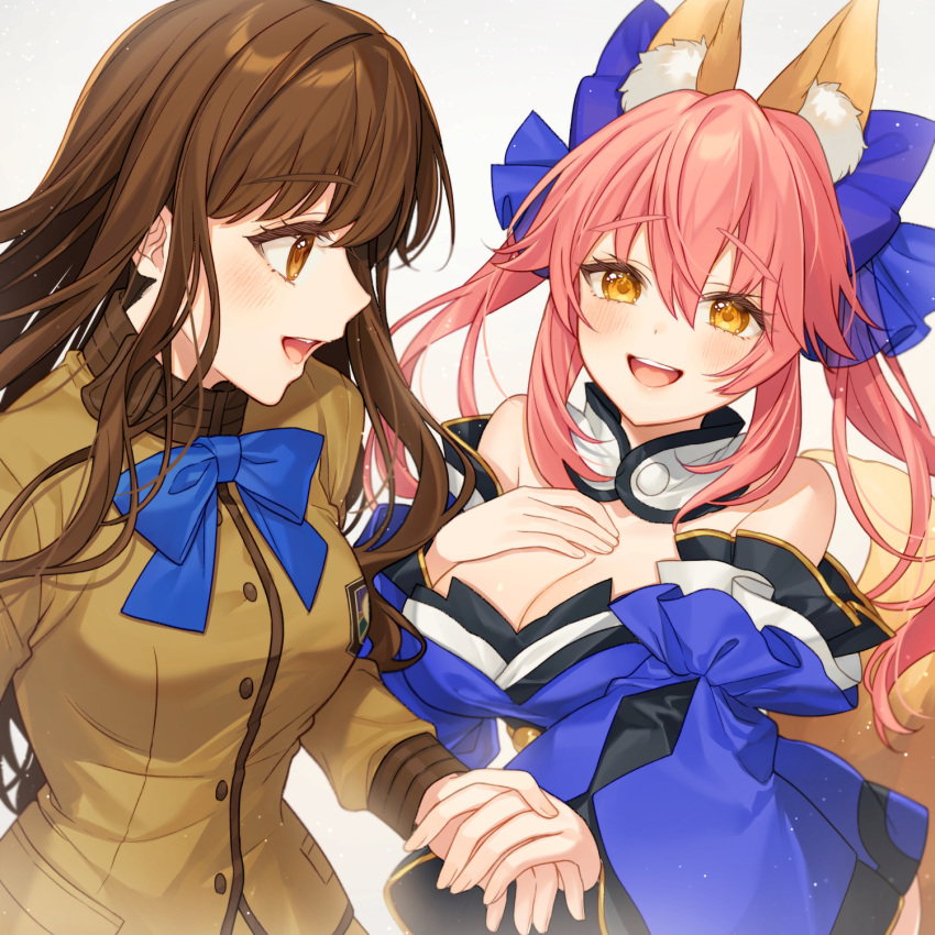 2girls :d animal_ear_fluff animal_ears anniversary blue_bow blue_dress blue_ribbon blush bow breasts brown_eyes brown_hair cleavage commentary couple detached_collar detached_sleeves dress eyelashes eyes_visible_through_hair fate/extra fate_(series) fox_ears fox_girl fox_tail grey_background hair_between_eyes hair_ribbon hand_on_own_chest happy highres holding_hands karokuchitose kishinami_hakuno_(female) large_breasts long_hair long_sleeves looking_at_another medium_breasts multiple_girls open_mouth pink_hair profile ribbon sidelocks simple_background smile strapless strapless_dress tail tamamo_(fate) tamamo_no_mae_(fate/extra) teeth tsurime twintails upper_teeth_only wide_sleeves yellow_eyes yuri