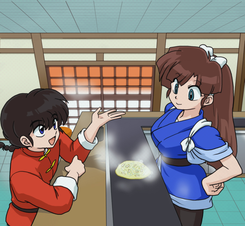 1boy 1girl black_hair bow braid braided_ponytail brown_hair chinese_clothes food hair_bow happy kuonji_ukyou okonomiyaki open_mouth pantyhose ranma_1/2 saotome_ranma smile standing talking tangzhuang wanta_(futoshi) white_bow