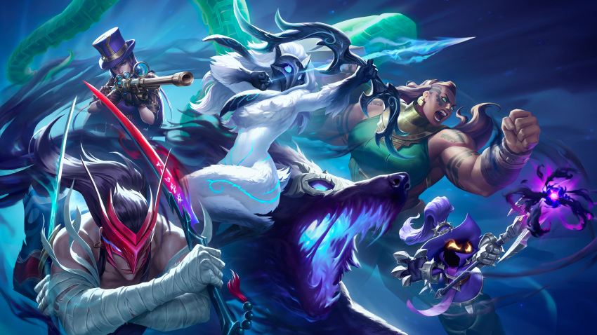 2boys 3girls absurdres animal_ears black_hair blue_eyes blue_headwear brown_hair caitlyn_(league_of_legends) closed_mouth earrings glowing glowing_eyes green_eyes gun hat highres holding holding_gun holding_sword holding_weapon illaoi incoming_attack jewelry kindred_(league_of_legends) lamb_(league_of_legends) league_of_legends long_hair magic mask multiple_boys multiple_girls muscular muscular_female official_art open_mouth serious sword teeth top_hat veigar weapon wolf wolf_(league_of_legends) yellow_eyes yone_(league_of_legends) yordle