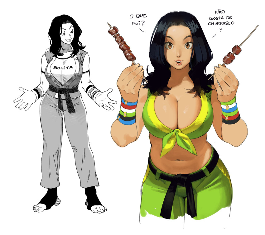 1girl black_hair breasts brown_eyes cleavage conto food highres holding holding_food kebab laura_matsuda long_hair looking_at_viewer martial_arts_belt meat scrunchie street_fighter street_fighter_v wrist_scrunchie wristband