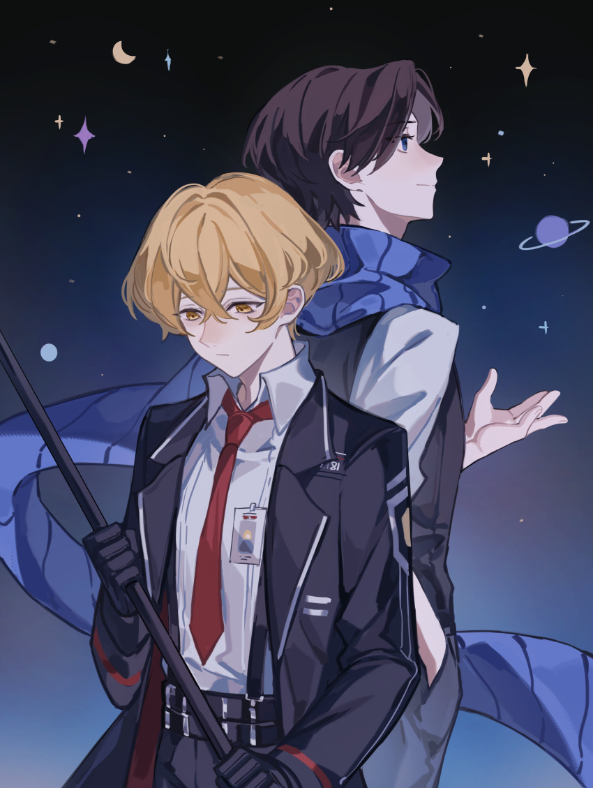 2boys absurdres bishounen black_gloves black_hair blonde_hair blue_eyes cowboy_shot demian ebf7l gloves highres jupiter_(planet) limbus_company male_focus multiple_boys necktie project_moon red_necktie scarf shirt short_hair sinclair_(project_moon) suit vest white_shirt yellow_eyes