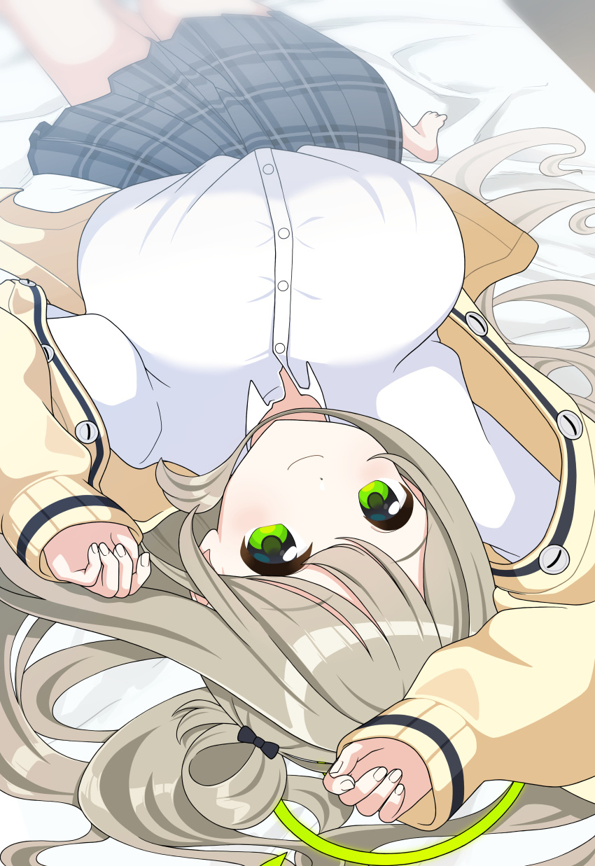 1girl absurdres black_skirt blue_archive breasts closed_mouth collared_shirt green_eyes green_halo halo highres jacket kokolokokomika large_breasts light_brown_hair long_hair long_sleeves looking_at_viewer nonomi_(blue_archive) open_clothes open_jacket pleated_skirt shirt skirt smile solo white_shirt yellow_jacket