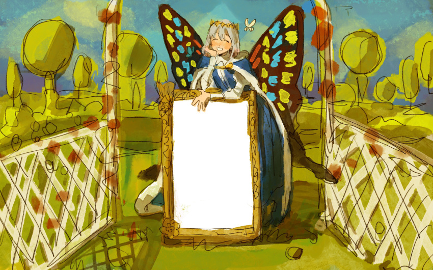 1boy blue_cape blue_robe blue_sky bug butterfly butterfly_wings cape chinese_commentary closed_eyes colored_tips commentary_request crown day empty_picture_frame facing_viewer fate/grand_order fate_(series) flower fur-trimmed_cape fur_trim grass grey_hair grin hand_on_own_chin head_rest highres insect_wings juliet_sleeves leaning_on_object long_sleeves ma_fu male_focus multicolored_hair oberon_(fate) outdoors picture_frame pink_hair puffy_sleeves red_flower robe shirt sky smile solo standing surreal tree white_shirt wings