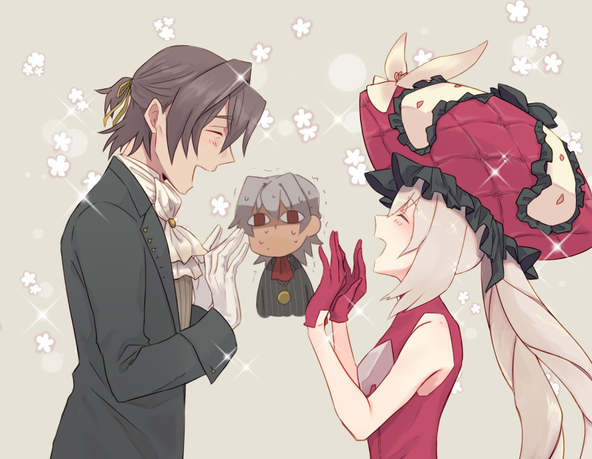 1girl 2boys :d antonio_salieri_(fate) antonio_salieri_(human)_(fate) antonio_salieri_(second_ascension)_(fate) ascot black_jacket blush brown_hair brown_vest closed_eyes dress dual_persona facing_another fate/grand_order fate_(series) flower frilled_hat frills from_side gloves grey_background grey_hair hair_intakes hair_ribbon half_updo hands_up hat highres jacket large_hat long_hair marie_antoinette_(fate) multiple_boys nervous_sweating open_mouth pinstripe_jacket pinstripe_pattern red_ascot red_dress red_gloves red_headwear ribbon sabamiso_shoya short_hair simple_background sleeveless sleeveless_dress smile sparkle striped sweat trembling twintails vest white_ascot white_gloves white_hair yellow_ribbon