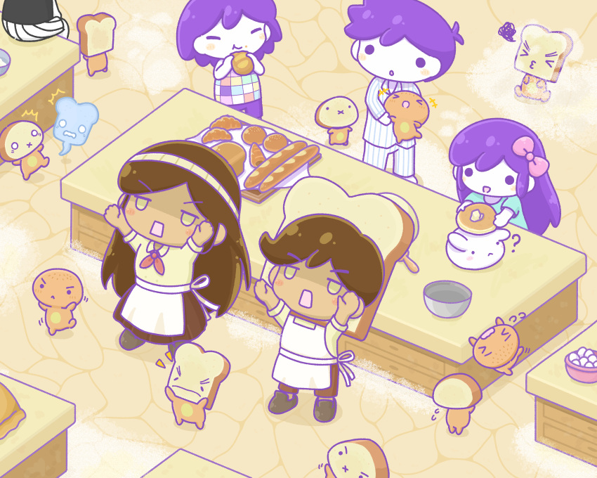 2girls 4boys ? absurdres aubrey_(omori) baguette biscuit_(omori) blue_shirt bow bread brown_hair closed_mouth colored_skin croissant dark-skinned_female dark-skinned_male dark_skin doughie_(omori) eating food hair_bow hero_(omori) highres holding holding_food kel_(omori) long_hair multiple_boys multiple_girls omori omori_(omori) open_mouth pancake_bunny_(omori) pink_bow purple_hair sesame_(omori) shirt short_hair short_sleeves slice_(omori) sourdough_(omori) toast_ghost_(omori) wafu_(wafu39080) white_skin