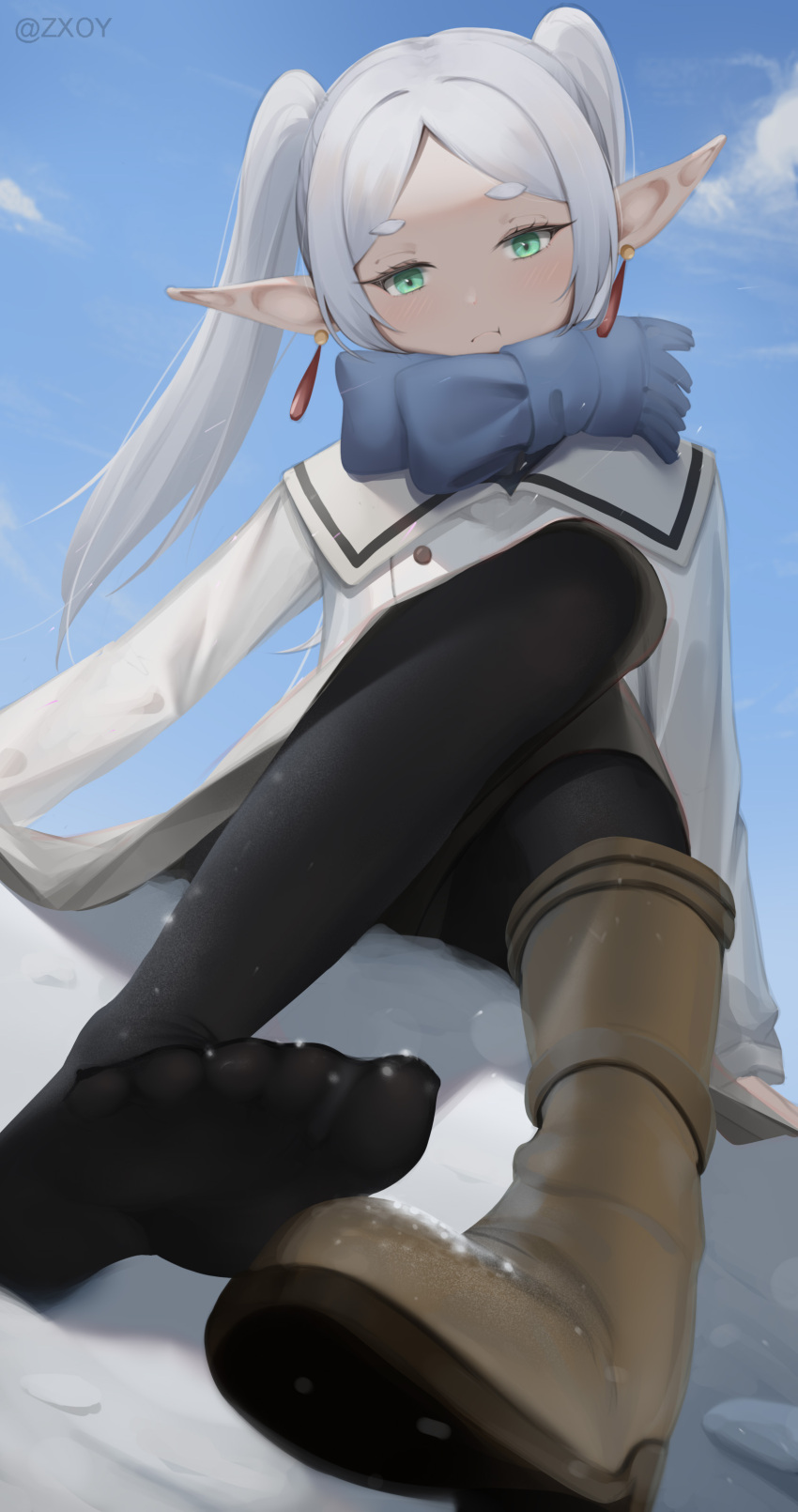 1girl absurdres black_pantyhose blue_scarf boots brown_footwear closed_mouth coat day elf frieren from_below green_eyes grey_hair highres light_frown long_hair outdoors pantyhose pointy_ears pout presenting_foot scarf shoes single_boot snow solo sousou_no_frieren unworn_shoes white_coat zxoy
