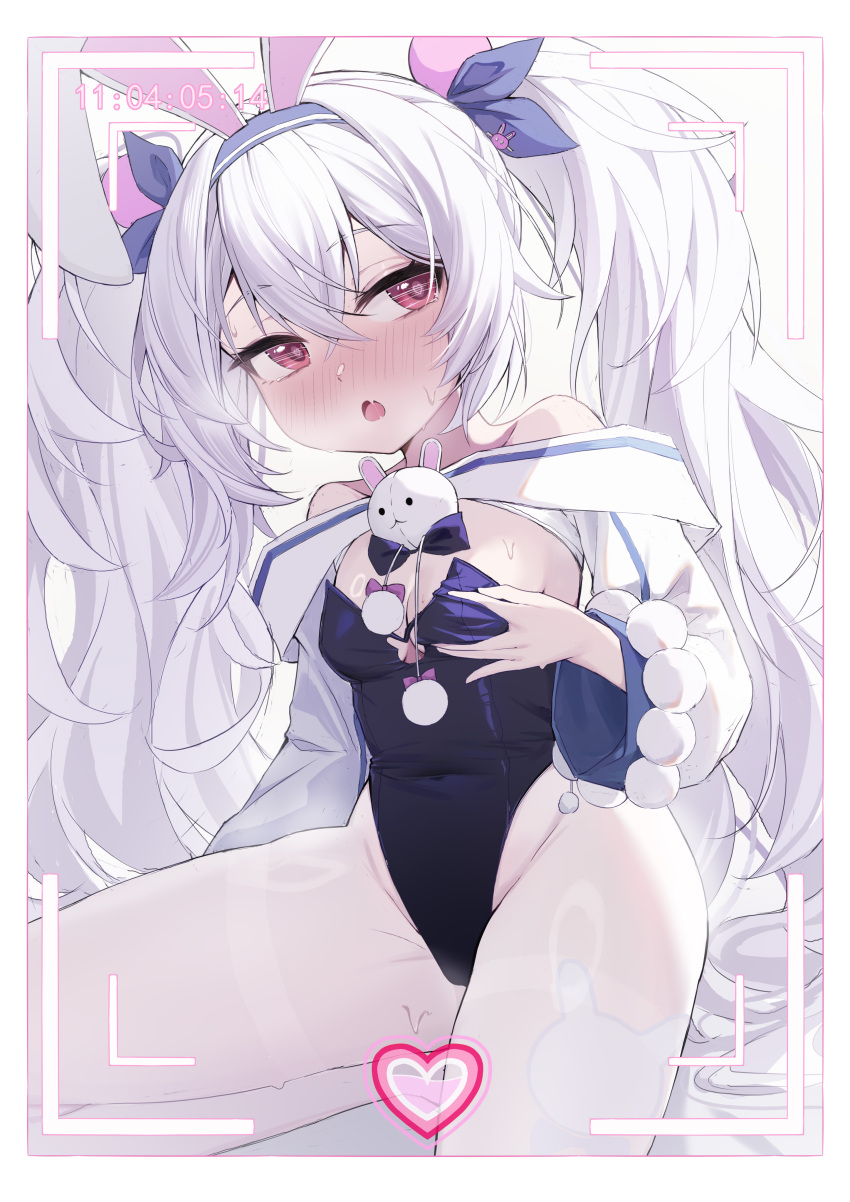1girl absurdres animal_ears azur_lane bare_shoulders blue_leotard blue_ribbon blush border breasts covered_navel crossed_bangs fake_animal_ears grabbing_own_breast groin hair_ribbon heart heart-shaped_pupils highres laffey_(azur_lane) laffey_ii_(azur_lane) laffey_ii_(sleepy_on_a_busy_day)_(azur_lane) leotard long_hair long_sleeves looking_at_viewer official_alternate_costume open_mouth pantyhose playboy_bunny rabbit_ears recording red_eyes ribbon small_breasts solo symbol-shaped_pupils twintails wendao white_border white_hair white_pantyhose